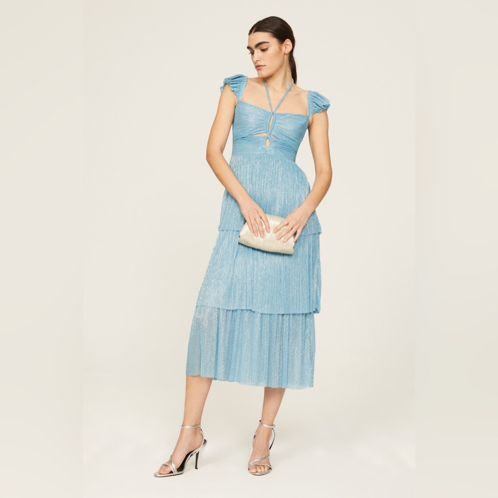 Sabina Musayev blue Amadea tie back tiered midi dress size S